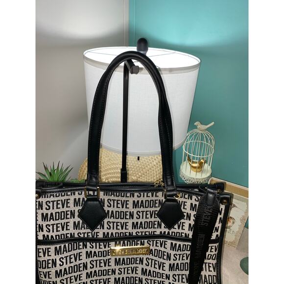 Steven Madden Large Purse Bag Tote Logo Gray Black Card Wallet Strap Handles GUC - Picture 6 of 12